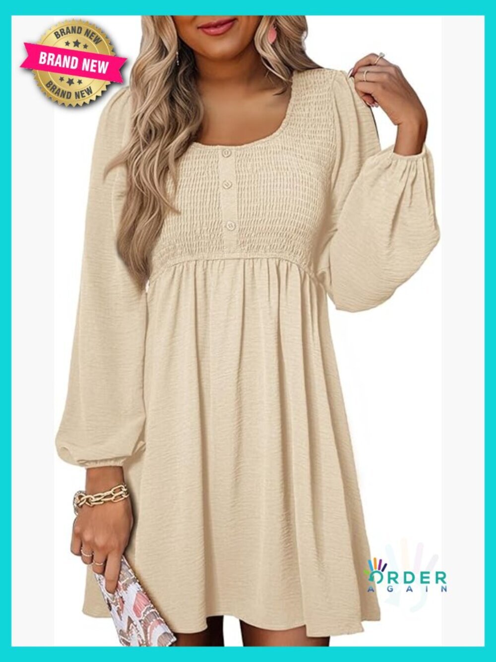 Smocked Empire Waist Mini Dress Long Sleeve Button Up A-Line Chic - Picture 1 of 7